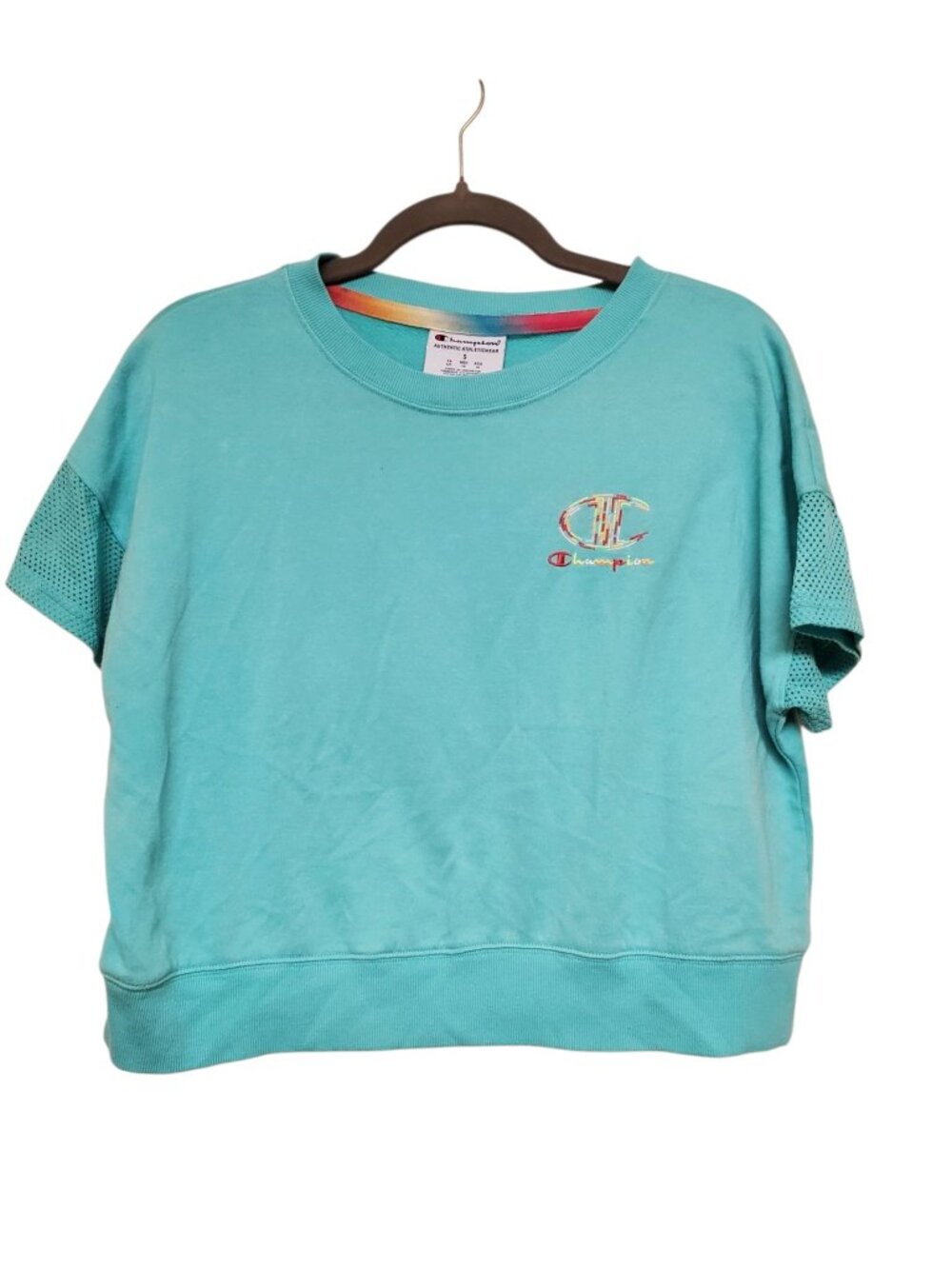 Champion Women's Turquoise Rainbow Embroidered Logo Mesh Sleeve Crop Top S